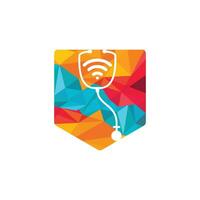design de ícone de logotipo médico wi-fi estetoscópio. estetoscópio com ícone de sinais wifi. vetor