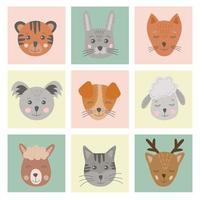 conjunto de rostos de animais bonitos desenhados à mão. retratos de animais simples - tigre, lebre, raposa, coala, cachorro, gato, veado. ilustração vetorial colorida para cartões, roupas, pôster de berçário para bebê em estilo escandinavo. vetor