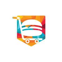 design de logotipo de carrinho de hambúrguer e supermercado. design de ícone de hambúrguer e carrinho. vetor