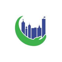 design de logotipo de vetor de cuidados da cidade. modelo de logotipo de cuidados de torre.