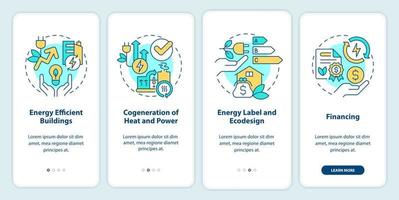 tela de aplicativo móvel de integração de eficiência e conservação de energia. passo a passo 4 etapas de instruções gráficas editáveis com conceitos lineares. ui, ux, modelo de gui. vetor