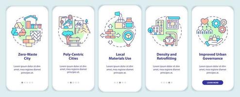 princípios de urbanismo verde integrando a tela do aplicativo móvel. zero waste city walkthrough 5 passos páginas de instruções gráficas com conceitos lineares. ui, ux, modelo de gui. vetor
