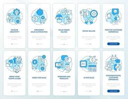 vendendo o conjunto de telas de aplicativos móveis de integração azul de tendências. passo a passo de negócios 5 passos instruções gráficas editáveis com conceitos lineares. ui, ux, modelo de gui. vetor