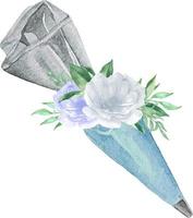 saco de confeiteiro aquarela e bico com creme de confeiteiro azul e flores com verdura. ilustração de padaria para convite, pastelaria, menu, logotipos vetor