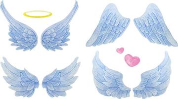 conjunto de asas de anjo azul aquarela com auréola de ouro e corações. ilustração de asas realistas. vetor