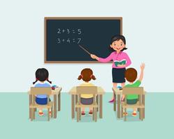 jovem professora ensinando aula de matemática para alunos na sala de aula vetor