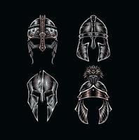 conjunto de capacetes guerreiros, estilo de linha desenhada à mão com cor digital, ilustração vetorial
