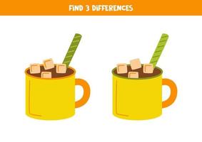encontre três diferenças entre duas xícaras de cacau. vetor