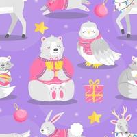 padrão perfeito com animais de natal bonitos estilo cartoon com presentes e brinquedos de árvore de natal. veado, urso, guaxinim, coruja, coelho. fundo de ilustração vetorial. vetor