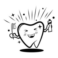 o logotipo do dente dos desenhos animados segurando uma escova de dentes e pasta de dente é dentes brilhantes, limpos, fortes e saudáveis. vetor
