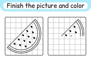 complete a melancia da imagem. copie a imagem e a cor. terminar a imagem. livro de colorir. jogo de exercício de desenho educacional para crianças vetor