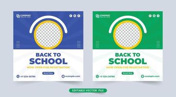 vetor de modelo de postagem de mídia social de admissão escolar com cores azuis e verdes. design de mídia social de registro de faculdade criativa para educação infantil. vetor de cartaz de promoção de curso acadêmico.