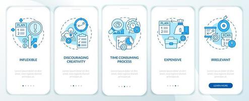 desvantagens de planejar a tela azul do aplicativo móvel de integração. passo a passo 5 passos de instruções gráficas editáveis com conceitos lineares. ui, ux, modelo de gui. vetor