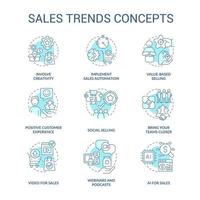 conjunto de ícones de conceito turquesa de tendências de vendas. ilustrações de cores de linha fina de ideia de indústria de comércio eletrônico. experiência do cliente. símbolos isolados. traço editável. vetor