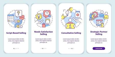 estratégias de vendas na tela do aplicativo móvel. métodos de marketing passo a passo 4 passos instruções gráficas editáveis com conceitos lineares. ui, ux, modelo de gui. vetor