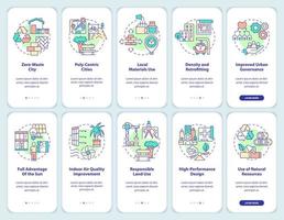 princípios de design verde no conjunto de telas de aplicativos móveis de integração de arquitetura. passo a passo 5 passos páginas de instruções gráficas com conceitos lineares. ui, ux, modelo de gui. vetor