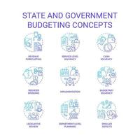 conjunto de ícones de conceito gradiente azul de orçamento de estado e governo. programa financeiro para ilustrações coloridas de linha fina de ideia de país. símbolos isolados. vetor