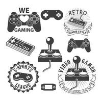 conjunto de emblemas de esportes eletrônicos e rótulos em estilo vintage com gamepads vetor