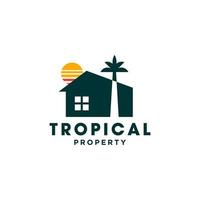 casa com vetor de logotipo de palmeira e sol, casa de praia tropical ou ilustração de design de ícone de hotel