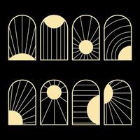 coleção de arte vintage arco boêmio janela logotipo, ícones e símbolos, sol ou lua, raios design abstrato geométrico simples escandinavo minimalista parede decoração quarto interior ilustração vetorial. vetor