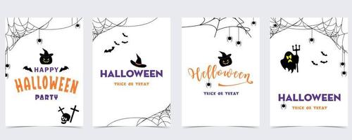 cartão postal de festa de halloween com web, aranha, morcego, abóbora, casa, esqueleto vetor