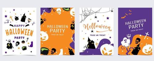 cartão postal de festa de halloween com web, aranha, morcego, abóbora, casa, esqueleto vetor