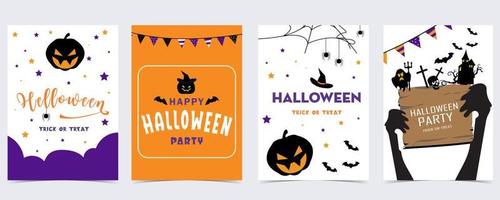 cartão postal de festa de halloween com web, aranha, morcego, abóbora, casa, esqueleto vetor