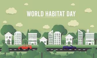 fundo de design plano do dia mundial do habitat com a cidade limpa, árvore natural vetor