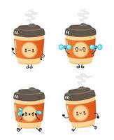 engraçado bonito feliz xícara de café conjunto de pacotes de personagens. vector mão desenhada doodle estilo cartoon personagem ilustração ícone design. coleção de personagens de mascote de xícara de café fofa