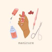 mãos femininas e acessórios de manicure. ilustração vetorial desenhada à mão de unhas pintadas vetor