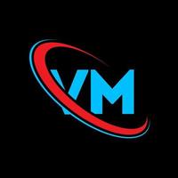 logotipo vm. projeto vm. carta vm azul e vermelha. design de logotipo de carta vm. letra inicial vm logotipo do monograma maiúsculo do círculo vinculado. vetor