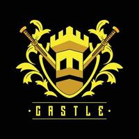 emblema do castelo, distintivo, etiqueta, logotipo ou impressão de t-shirt em estilo vintage monocromático. vetor