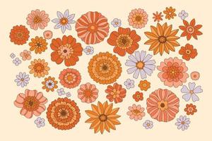 flores dos anos 70. ilustração em vetor estética hippie. conjunto de elementos florais no estilo retrô dos anos 70, 60. fundo floral boho chic. design flover power.groovy.