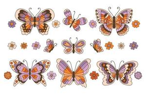 conjunto de borboletas retrô nos anos 60 70 estilo isolado na ilustração vetorial de fundo branco. vetor