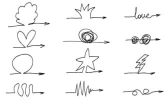 setas de doodle com elementos fofos. conjunto de esboços, coleção de linhas isoladas de rabiscos. vetor