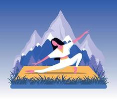 conceito de ilustração vetorial garota de ioga está envolvida em ioga nas montanhas no fundo da natureza e montanhas suaves cores roxas vetor