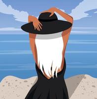 ilustração vetorial de uma loira no verão de férias andando na praia com um chapéu e vestido vetor