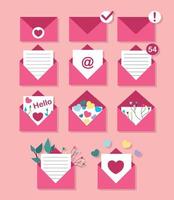 coleção de conjunto de vetores notificação de e-mail de envelope rosa com letras, marca de seleção, carta não lida, folha de papel, carta de amor parabéns pelos corações de flores de férias no envelope