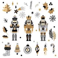 conjunto de natal com um quebra-nozes. ilustração de ano novo. cores ouro e prata. vetor