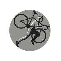 atleta de ciclocross carregando círculo de bicicleta retrô vetor