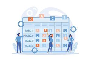 pequenos empresários no gráfico de responsabilidade com tarefas. matriz raci, matriz de atribuição de responsabilidade, conceito de gráfico de responsabilidade linear. ilustração moderna de vetor plana