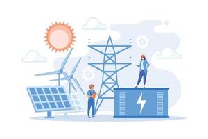 armazenamento de energia da bateria da estação de energia solar e eólica renovável. armazenamento de energia, métodos de coleta de energia, conceito de rede elétrica. ilustração moderna de vetor plana