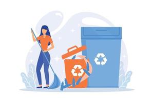 triagem de lixo plástico. ideia de reciclagem e reutilização. homem coletando garrafas plásticas. recipiente de lixo, segregação de lixo, proteção ecológica. vetor