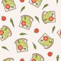 padrão sem emenda de torrada de abacate. ilustração vetorial desenhada à mão de café da manhã saudável e saudável com torradas de abacate verde e tomate vetor