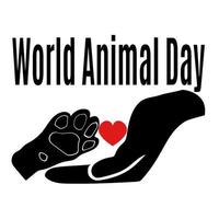 dia mundial do animal, ideia para um cartaz, banner ou cartão postal temático, silhueta de uma mão humana e uma pata de animal vetor