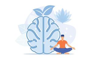 usuário praticando meditação mindfulness em pose de lótus. meditação consciente, calma mental e autoconsciência, focando e liberando o conceito de estresse. ilustração moderna de vetor plano