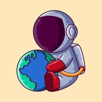 astronauta bonito segurando a ilustração vetorial dos desenhos animados do planeta Terra. ícone de estilo dos desenhos animados ou vetor de personagem mascote.