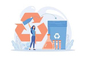 empresária reciclando garrafa plástica de detergente para produzir produtos químicos. reciclagem química, método de reciclagem de plásticos, conceito de reutilização de resíduos poliméricos. ilustração moderna de vetor plano