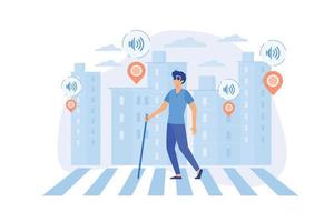 um cego atravessando a rua com etiquetas inteligentes e notificações de voz ao redor. ambiente conveniente sem barreiras como iot e conceito de cidade inteligente. vetor