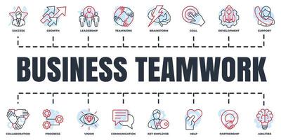 conjunto de ícones da web de banner de trabalho em equipe de negócios. brainstorm, habilidades, progresso, comunicação, parceria, trabalho em equipe e mais conceito de ilustração vetorial. vetor